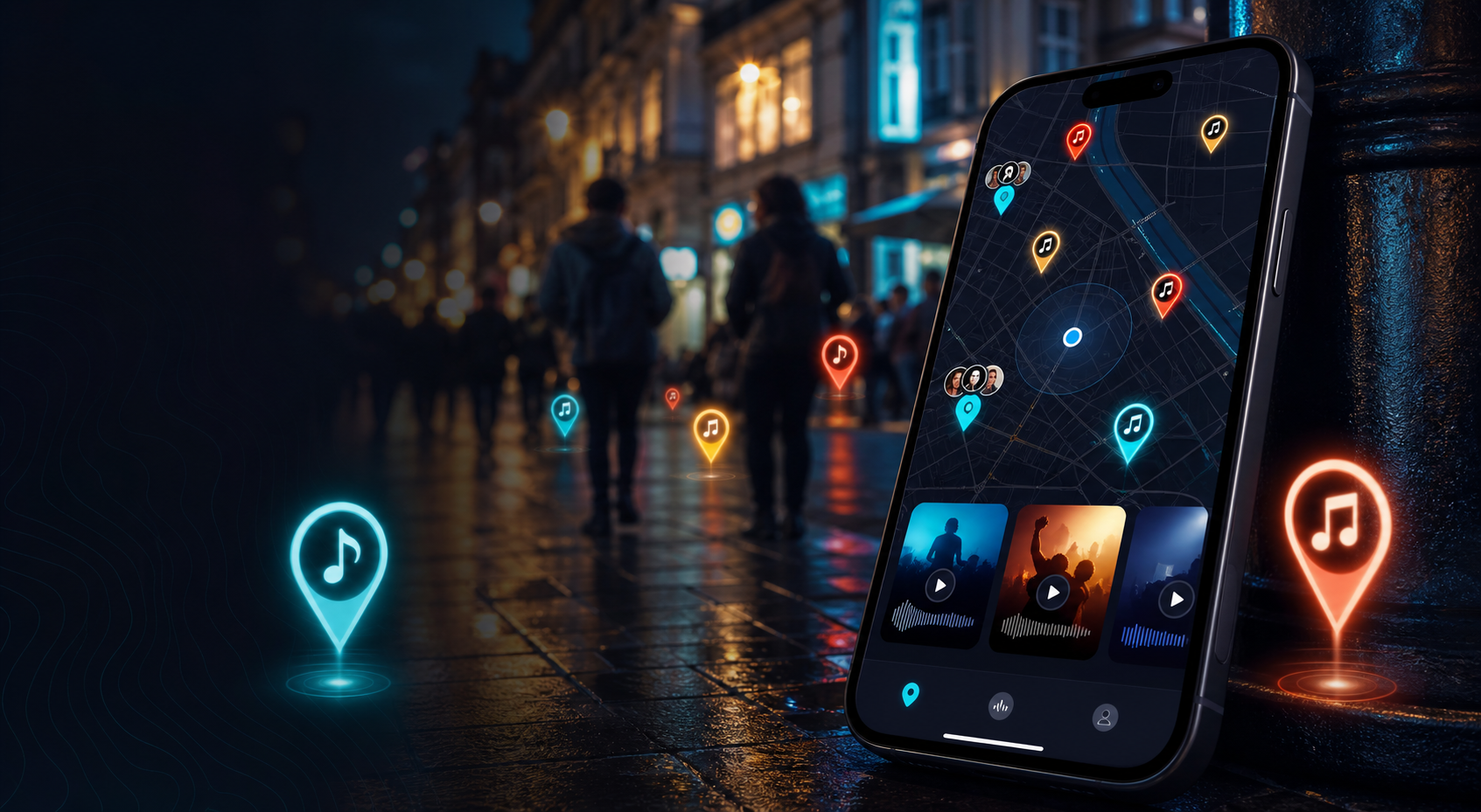 A phone showing music drops on a night city map